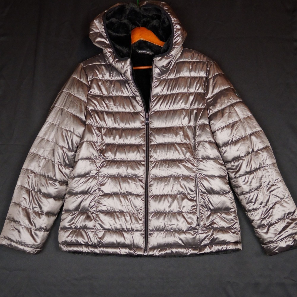 Andrew Marc Puffer Jacket Womens L Grey Quilted Faux Fur Hooded Winter Coat